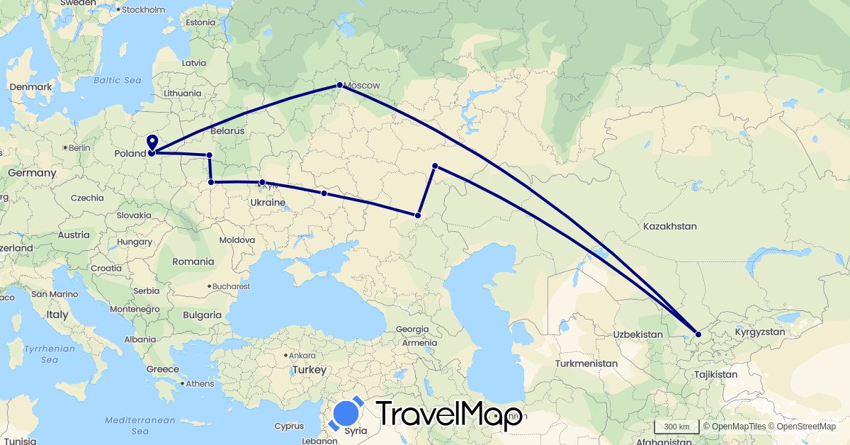 TravelMap itinerary: driving in Belarus, Poland, Russia, Ukraine, Uzbekistan (Asia, Europe)